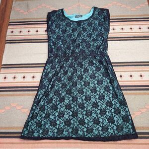 Girls Dress Black Lace Overlay Blue Dress Girls Large 10/12